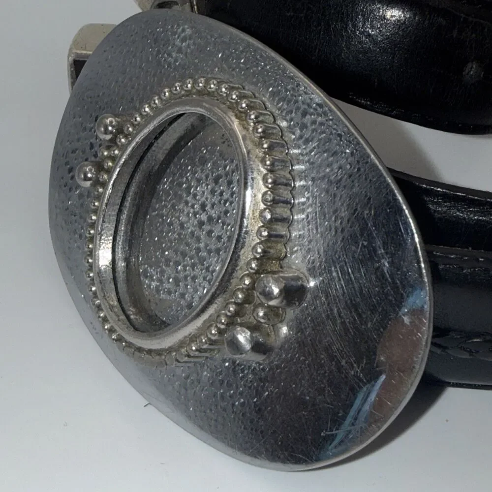 Onyx By Brighton Mens Black Beaded Leather Belt Silver Tone Size 36